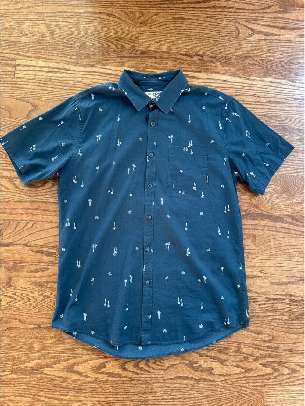 Billabong Mens Mini Palm Trees Stretch Woven Button Up Dress Shirt Navy Size Med